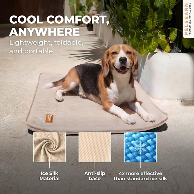 Pelsbarn Dog Cooling Mat- Ice Silk Summer Comfort, Self Cooling, Non-Slip Dog Pad, Durable & Washable, Mat for Medium Dogs 19 x 25, Support Shelter Dogs with Every Purchase (Beige)