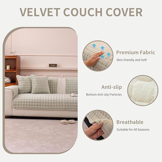Velvet Couch Cover, Plush Sectional Sofa Cover Washable, Anti Slip Sofa Slipcover for 3-4 Cushions Sofas, Furniture Protector Covers for Pets & Kids(1PC,Sage Green,36"×83")