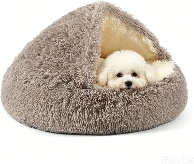 Dog Bed Round Hooded Plush Cat Cave Self Warming Pet Bed Donut Anti Anxiety Fluffy Pet Bed for Puppy and Kitty