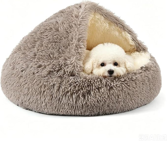 Dog Bed Round Hooded Plush Cat Cave Self Warming Pet Bed Donut Anti Anxiety Fluffy Pet Bed for Puppy and Kitty