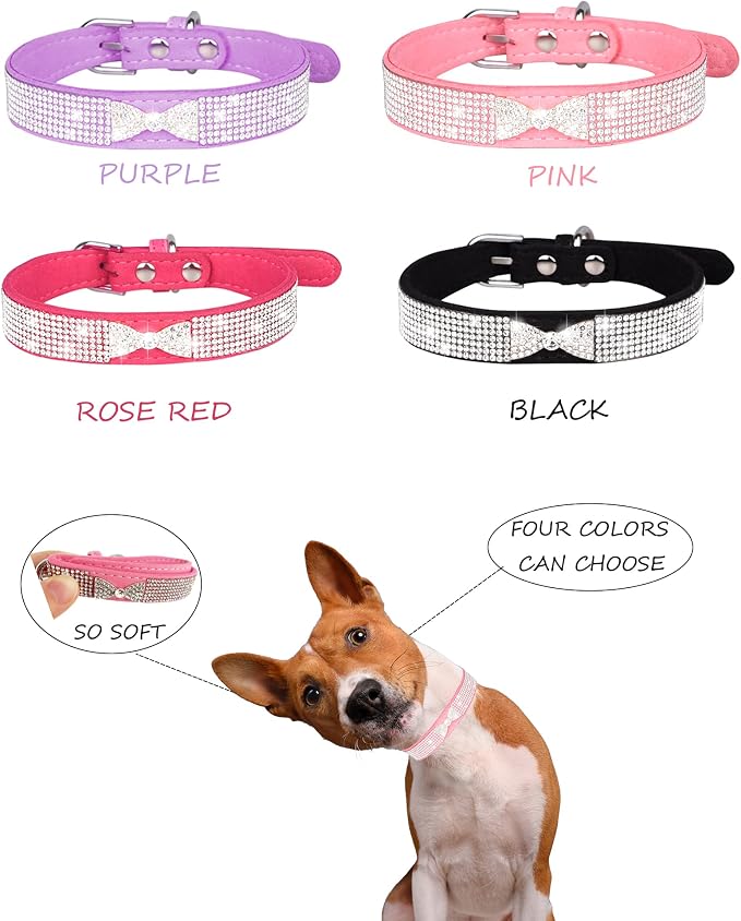 Dog Collar for Small Dogs, Adjustable Leather Suede Bling Dog Collars，Pink Dog Collar Cat Collar, Rhinestone Dog Collar (L, pink4)