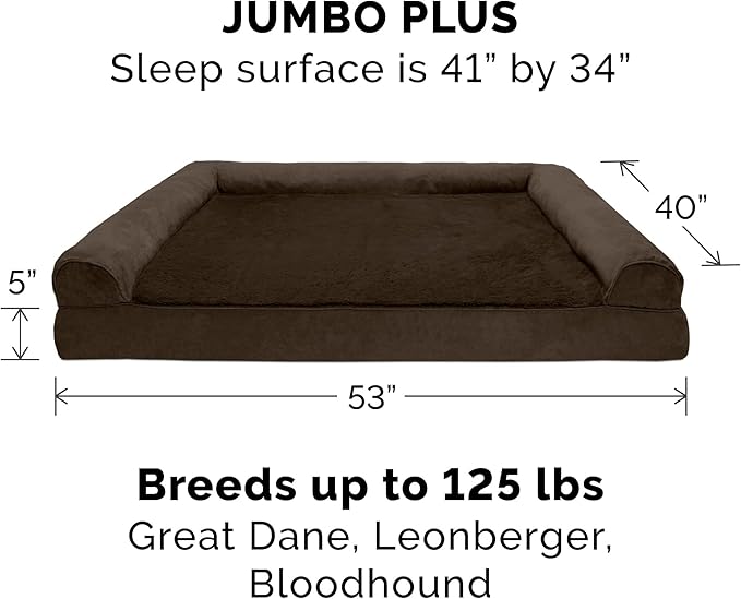 Furhaven Memory Foam Dog Bed for Large Dogs w/ Removable Bolsters & Washable Cover, For Dogs Up to 125 lbs - Plush & Suede Sofa - Espresso, Jumbo Plus/XXL