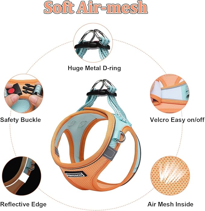 Mercano Soft Mesh Dog Harness and Leash Set, Step-in Reflective Breathable Lightweight Vest Harnesses with Safety Buckle for Small Dogs, Cats (XS, Orange Blue)
