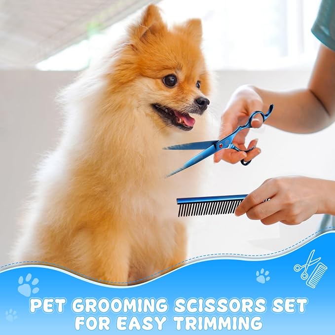Professional Dog Grooming Scissors Set, 7 Inch/8 Inch Pet Grooming Scissors Chunkers Shears for Dog, Curved Dog Grooming Scissors, Thinning Shears for Dog with Grooming Comb