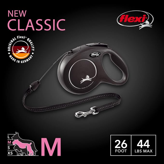 FLEXI Classic Cord Retractable Dog Leash for Medium Dogs up to 44 lbs. – 26 ft., Black | Tangle-Free Cord Design with One-Handed Brake, Pause, Lock | German Quality Product