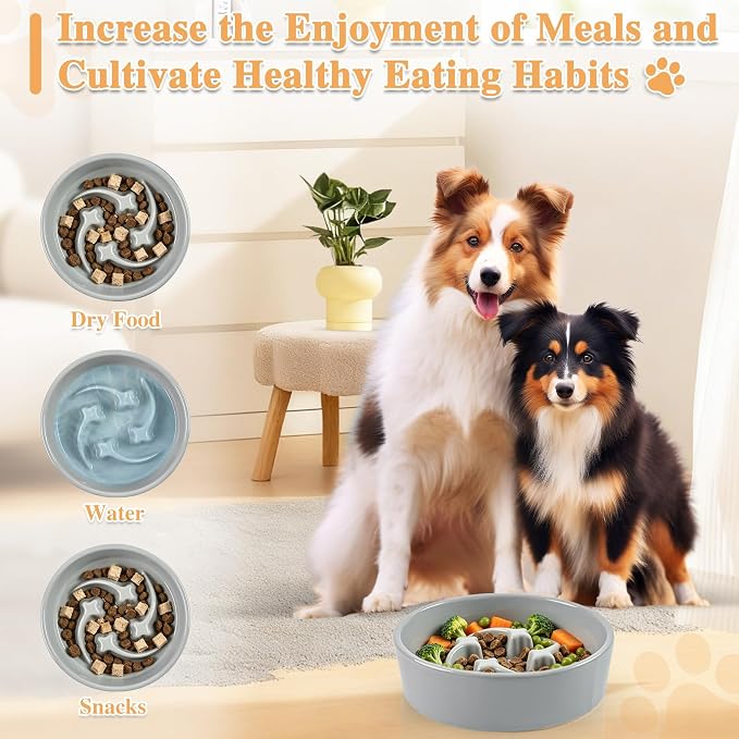 Ceramic Slow Feeder Dog Bowls, 1 Cups Dog Food Dish for Small and Medium Breed, Puzzle Dog Food Bowl for Fast Eater, 15OZ, 6.3 inch(Grey)