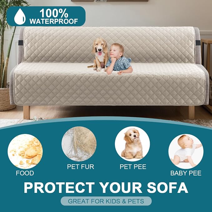 Turquoize 100% Waterproof Futon Cover Futon Slipcover Washable Armless Sofa Bed Slipcover Protector Seat Width Up to 70" with Adjustable Elastic Strap Anti-Slip for Dogs, Pale Oak