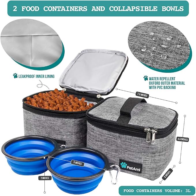 PetAmi Dog Travel Bag Organizer, Pet Travel Kit with 2 Food Containers & 2 Collapsible Dog Bowls, Pet Supplies Tote with Luggage Sleeve, Weekend Road Trip Camping Essentials, Gray, Medium