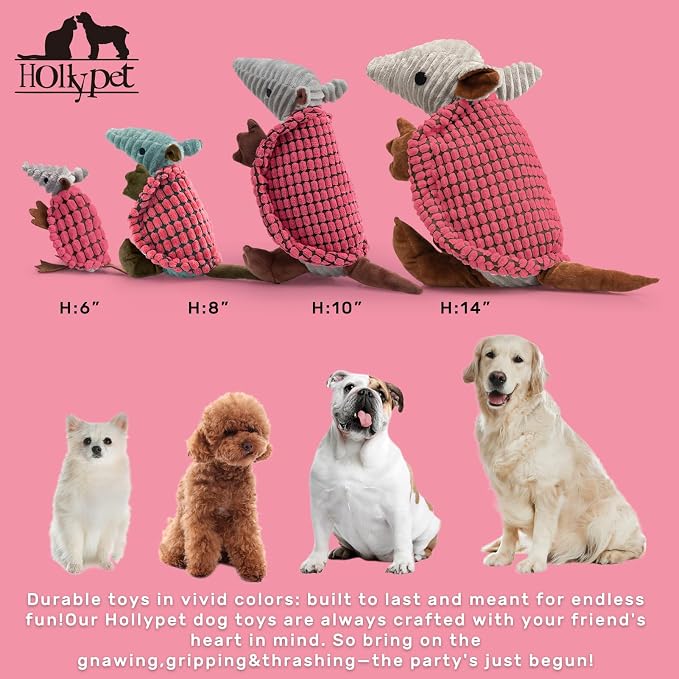 Hollypet Plush Dog Squeaky Toy Stuffed Armadillo Animal Pet Puppy Chew Toys with Clean Teeth for Small Medium Large All Breed Sizes Dogs, Bright Pink,10 in