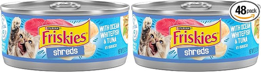 Friskies Purina Shreds with Ocean Whitefish and Tuna in Sauce Wet Cat Food - 5.5 oz. Cans (Pack of 48)