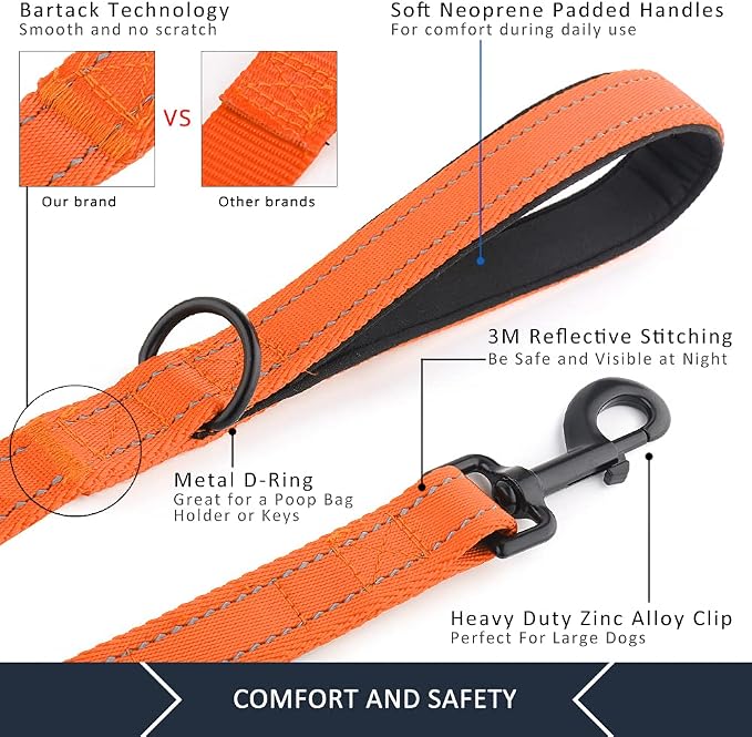 Plutus Pet Double Handle Dog Leash 4ft, Heavy Duty, Reflective Dual Handle Dog Leash for Safety Training, for Medium Large Dogs,2 Handle Leads(Orange)