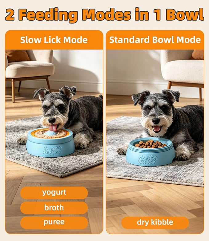 Slow Feeder Dog Bowl, 2-in-1 Interactive Dog Slow Feeder with 360° Rolling Ball for Yogurt, Wet Food & Liquid Treats, Spill-Resistant Anti-Slip Feeding Bowl for Dogs & Cats, Easy-Clean(Blue)
