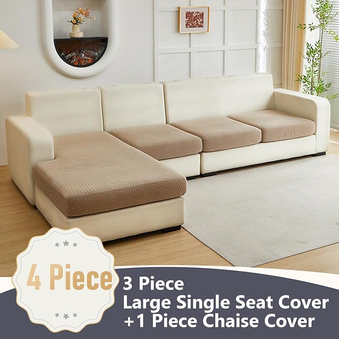 Yoovat Couch Cushion Covers for Sofa Couch Covers Wear-Resistant Universal Sofa Cover Washable Stretch for Sectional Slipcovers (Texture-Light Coffee, 3 Seats + Chaise Cover)