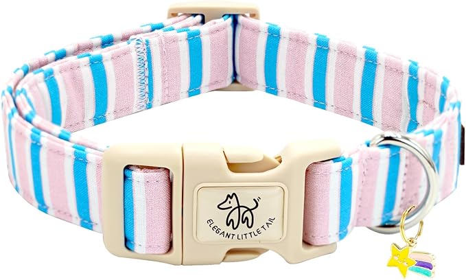 Elegant little tail Dog Collar, Cute Pink with Blue Strip Pattern Pet Collars Soft Girl or Boy Adjustable Cotton Puppy Collar with Quick Release Buckle for X-Small Puppy