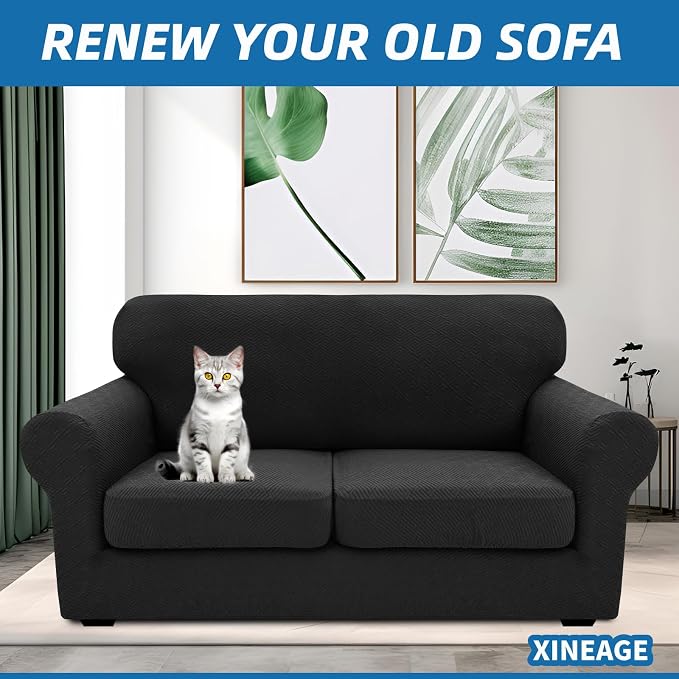 XINEAGE 2026 New 3 Pieces Couch Covers for 2 Cushion Sofa Super Stretch Loveseat Slipcover Pet Dog Universal Slip Cover Anti Slip Love Seat Furniture Protector (Black, 55"-69")