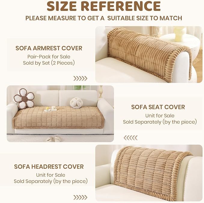 Royhom Headrest Armrest Cover, Couch Back Cover, Thick Soft Couch Arm Covers, Arm Chair Covers for Pets Recliner Loveseat Leather Cushion L Shaped Sofa (Khaki, 35.4 x 35.4 Inch)