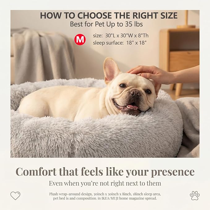 Calming Dog Bed for Medium Dogs Washable Donut 30 inches Anti-Slip Pet Bed,Round Fluffy Plush Faux Fur Cat Bed,Fits up to 45 lbs Pets,Grey