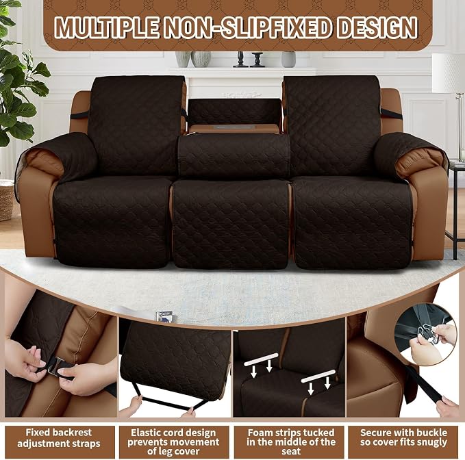 Waterproof Recliner Sofa Covers with Flipped Middle Backrest Washable Recliner Couch Covers Non-Slip with Elastic Straps Furniture Protector for Kid Dogs Pets (Chocolate)