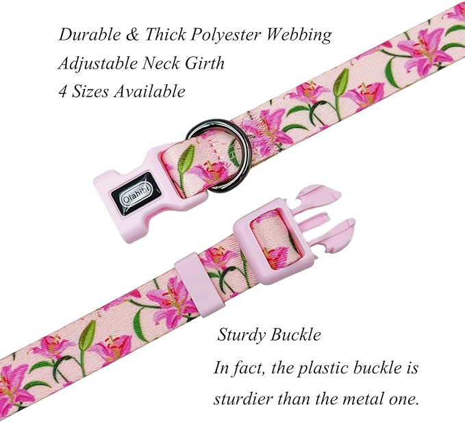 Dog Collar Leash Set, Floral Pattern, Polyester Material, Adjustable Collar and 5ft Matchcing Leash, 5ft Leash, for Small Dogs.(S, Pink Lily)