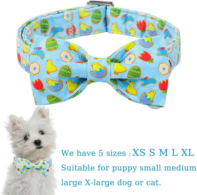 Easter Dog Collar with Bow Tie, Cotton Bunny Bowtie for Large Girl Boy Dog, Cute Rabbit Pet Collar with Metal Buckle, Gift, L