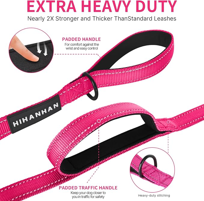 Reflective Dog Leash with Double Handle, Dog Leash 4 FT Long, Supports Medium and Large Dogs, Heavy Duty for Walking, Running, and Training, Rose Red