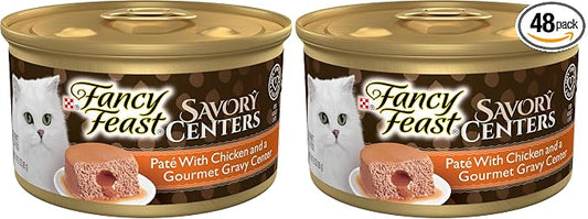 Fancy Feast Purina Savory Centers Gourmet Wet Cat Food Pate with Chicken and Gravy Center, 3 oz Cans (Pack of 48)