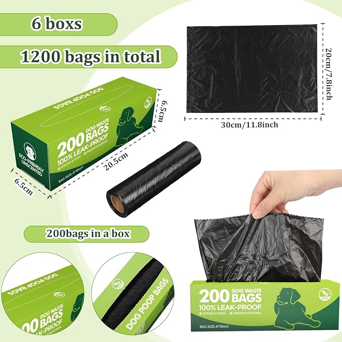 Sherr 6 Boxed Rolls 1200 Counts Dog Poop Bags Bulk Leak Proof Dog Doggy Poop Pet Waste Bags for Puppy Pets Outdoor Walking and Travel