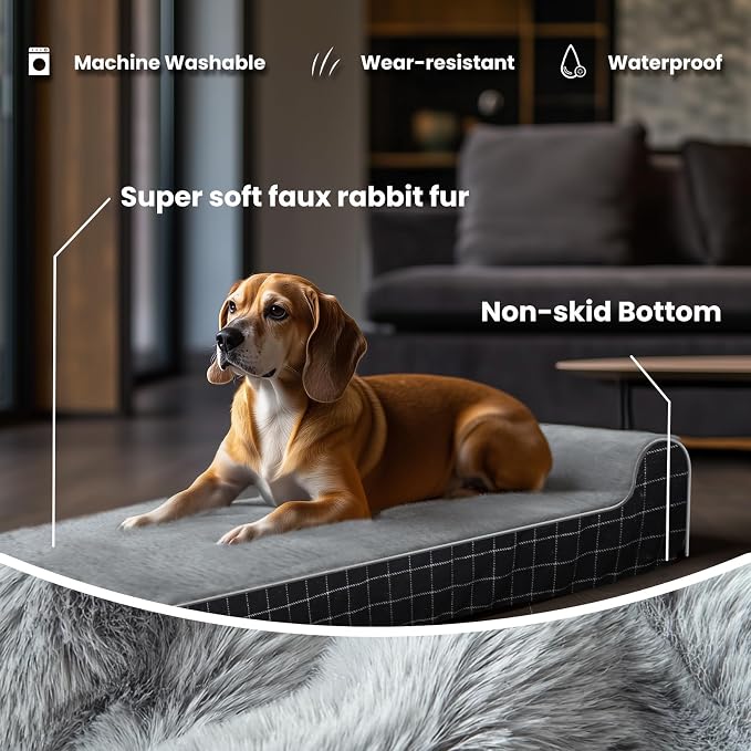 Laifug Orthopedic Dog Beds for Large Dogs,3" Memory Foam Dog Beds,Durable Water Proof Liner Removable and Washable, Nonskid Bottom,Black Grid Grey 40"x25"x3"