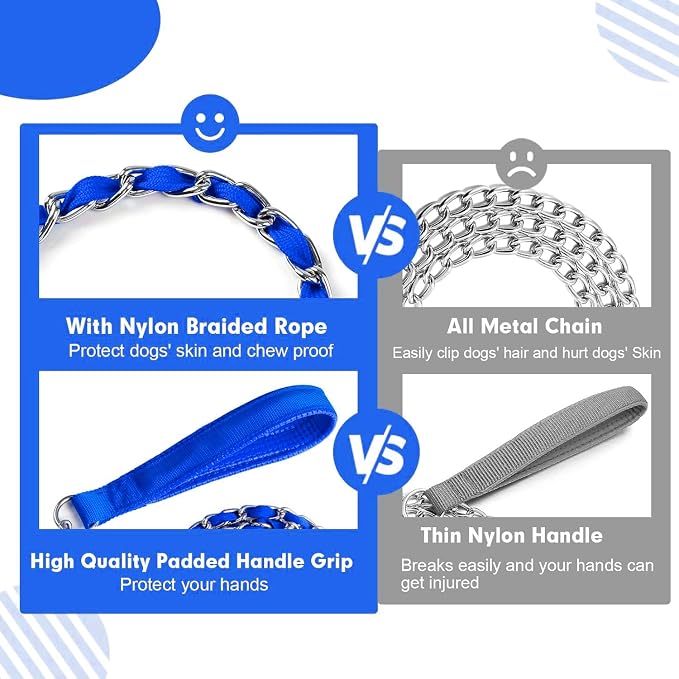 Heavy Duty Metal Dog Chain Leash with Comfortable PU Leather Padded Handle, Chew Proof for Medium Large Pooch Walking Training (4FT 3.0mm Blue)