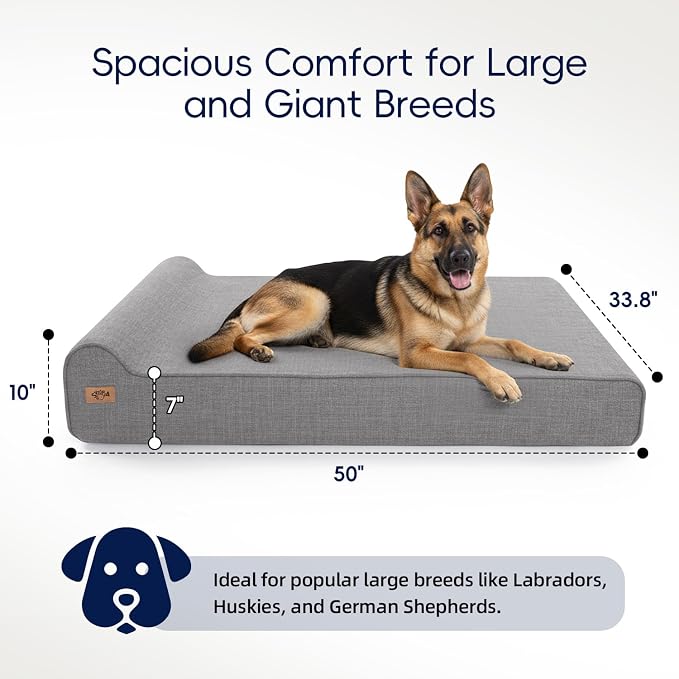 Sytopia 7" Thick Orthopedic Dog Beds for Extra Large Dogs (50" x 34" x 10"), Chew Proof Fabric Cover, 35D Memory Foam Dog Beds with Durable Waterproof Liner & Removable Washable Cover, Grey