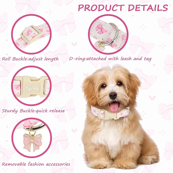 Dog Collars for Medium Dogs, Pink Bow Dog Collar, Girl Dog Collars for Medium Large Dogs, Adjustable Soft Cute Cotton Puppy Collar with Metal Buckle, Gift for Female Dogs-M