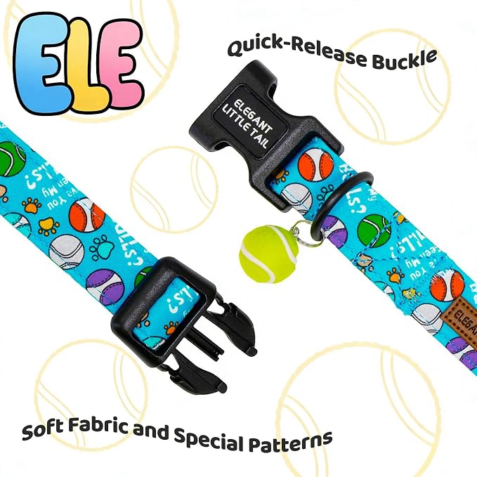 Elegant Little Tail Dog Collar, Cotton Tennis Pattern Soft Pet Collars with Pendant Male Sturdy Adjustable Pet Collar for Small Medium Large Dogs