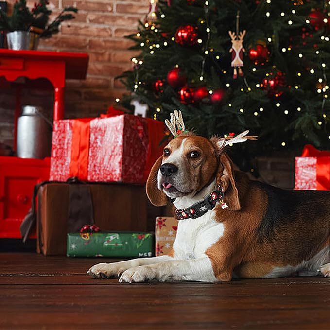 Elegant little tail Christmas Dog Collar, Santa Claus Print Pet Collar Cotton Soft Plastic Buckle Sturdy Puppy Collars Holiday Female or Male Adjustable Collar for Large Dogs