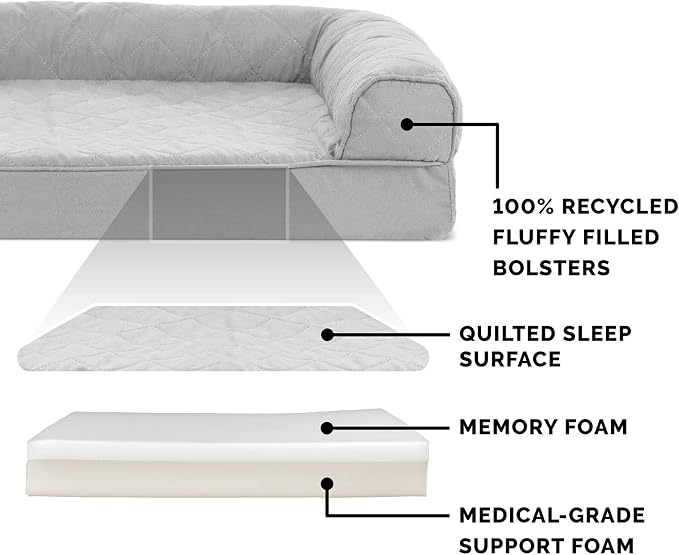 Furhaven Memory Foam Dog Bed for Medium/Small Dogs w/ Removable Bolsters & Washable Cover, For Dogs Up to 35 lbs - Quilted Sofa - Silver Gray, Medium