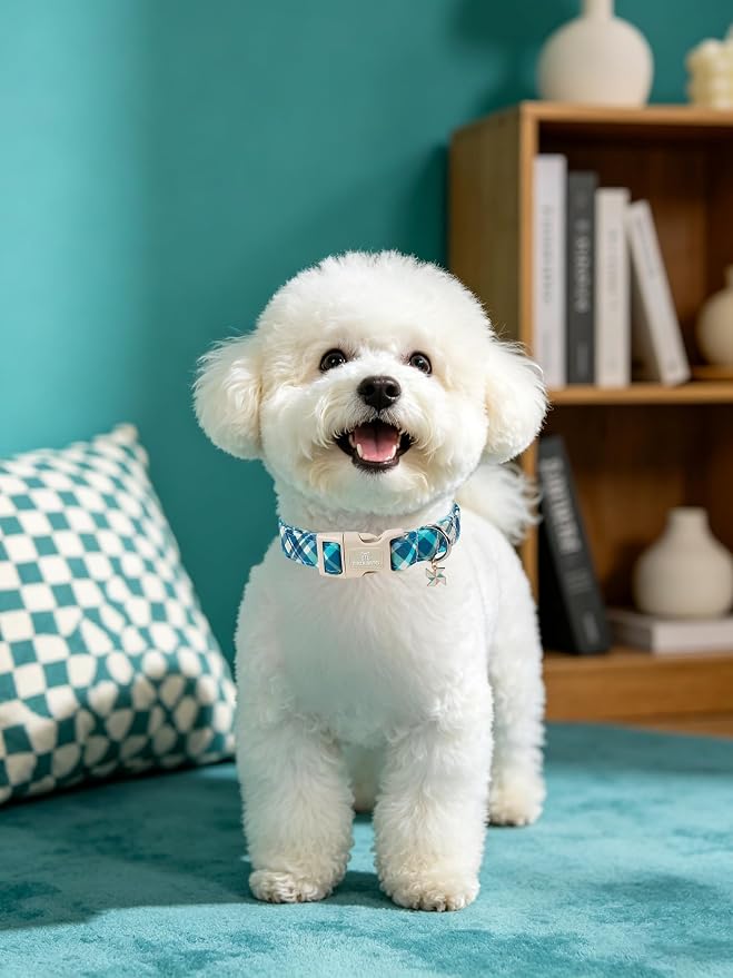 Maca Bates Blue Plaid Dog Collar with Windmill Charm for Large Dogs, Pretty Till Pattern Adjustable Soft Durable Pet Gift for Male Female Dogs