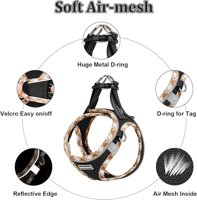Mercano Soft Mesh Dog Harness and Leash Set, Step-in Reflective Breathable Lightweight Vest Harnesses with Safety Buckle for Small Dogs, Cats (Black Yellow, S)
