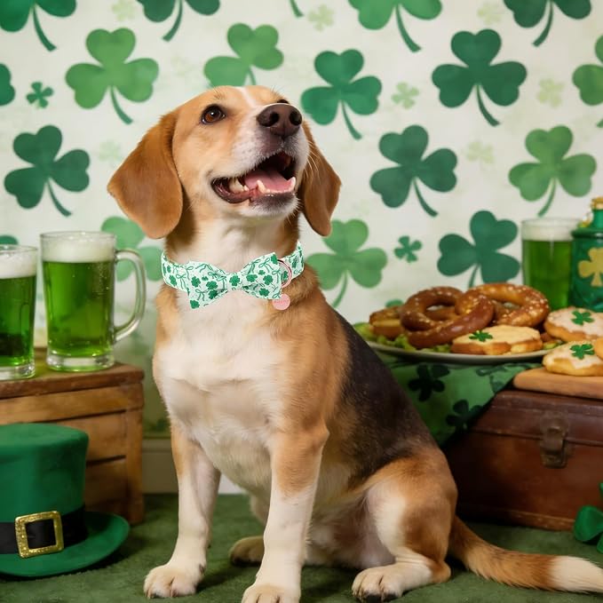 St. Patrick's Day Dog Collar with Bow Tie, Spring Shamrock Bowtie Collar for Girl Boy Dog, Lucky Clover Dog Collar with Metal Buckle, Green Collar for Dogs, XL
