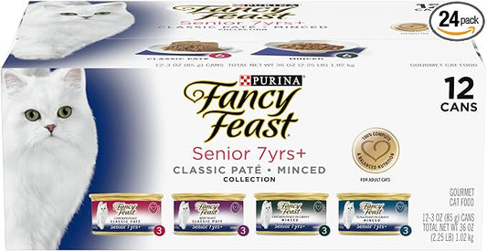 Purina Fancy Feast High Protein Senior Wet Cat Food Variety Pack, Senior 7+ Chicken, Beef & Tuna Feasts - (2 Packs of 12) 3 oz. Cans