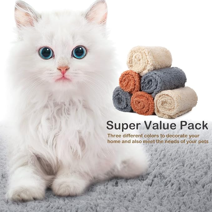 Newwiee 6 Pcs Blankets for Dogs Cats, Soft Warm Fluffy Fleece Pet Calming Blanket, Washable Flannel Throw for Small Medium Pet, Gray/Beige/Khaki(24 x 18 Inch)