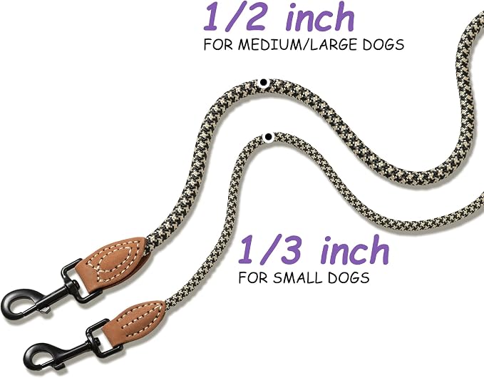 Mile High Life Small Dog Leash, Thin Rope Leash with Genuine Leather Connection and Heavy Duty Metal Clasp, Great for Small Medium Dogs(Black Khaki,48 Inch-1/3)