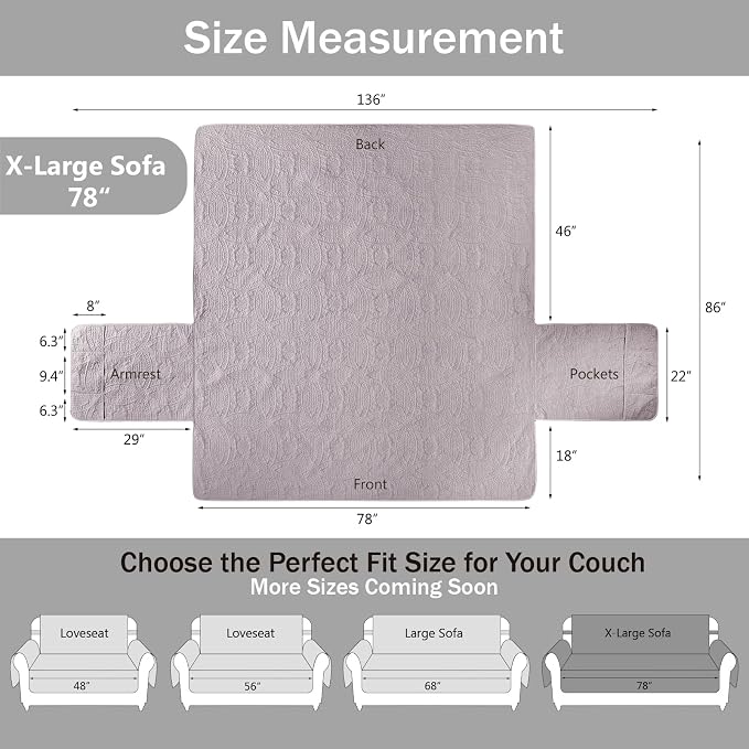 Soft Quilted Couch Cover with Pockets for Extra-Large Sofa, Anti-Slip Sofa Covers Washable for 3 Cushion Pet Friendly, Oversized Sofa Cover Water-Repellent (X-Large Sofa 78", Cloud Purple)