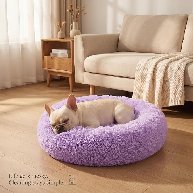 Calming Dog Bed for Medium Dogs Washable Donut 30 inches Anti-Slip Pet Bed,Round Fluffy Plush Faux Fur Cat Bed,Fits up to 45 lbs Pets,Purple