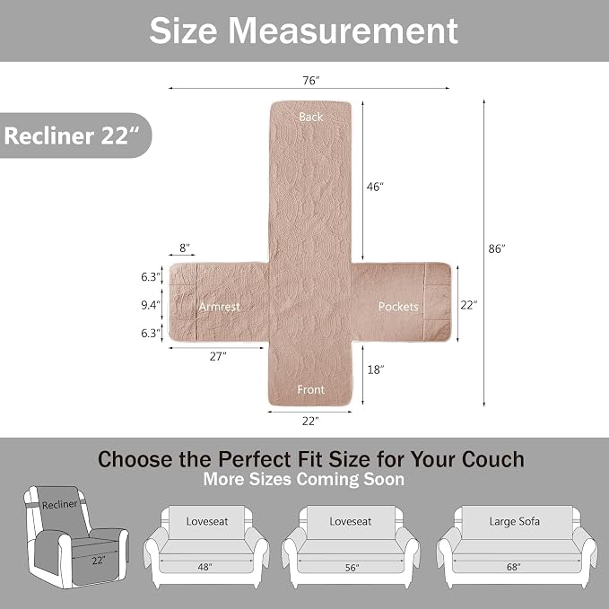 Quilted Recliner Chair Covers, Water-Repellent Recliner Slipcovers, Recliner Covers Stay in Place, Pet Friendly Recliner Cover for Dogs, Washable Couch Protector (Recliner 22", Dusty Pink)