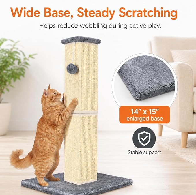 Cat Scratching Post for Large Indoor Cats & Kittens, Cat Scratcher with Extra Large Stable Base and Natural Sisal, Sturdy Cat Scratch Post to Protect Furniture & Couch, Grey, 32 Inch