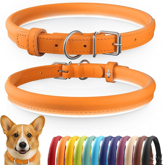 CollarDirect Rolled Leather Dog Collar, Soft Padded Round Puppy Collar, Handmade Genuine Leather Collar Dog Small Large Cat Collars 13 Colors (11-14 Inch, Orange Smooth)