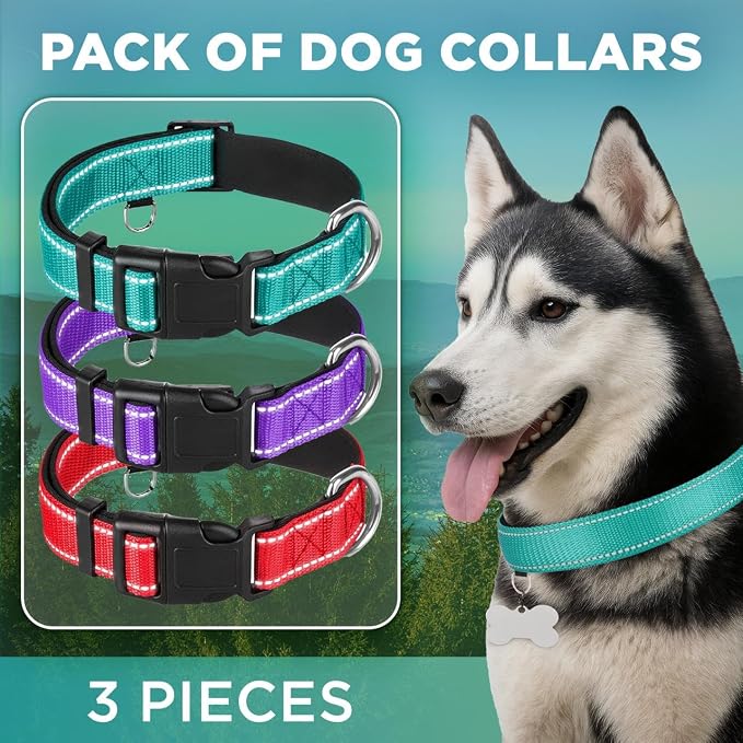 TECEUM 3 Pack Reflective Dog Collar – Purple&Red&Teal – M – Extra Soft Padding – Basic Nylon Pet Collar