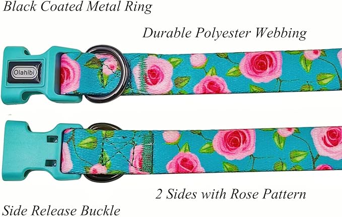 Dog Collar and Leash Set, Rose Pattern, Polyester Material, 5ft Matching Leash, for Large Dogs.(L, Green Rose Set)