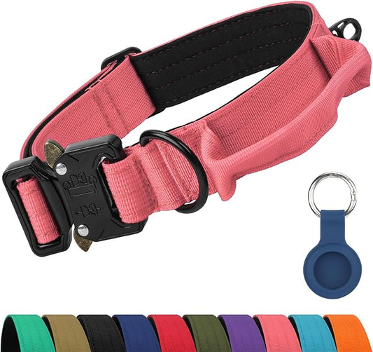 Joytale Tactical Dog Collar for X-Large Dogs with Control Handle, Heavy Duty Military Training Collar for Power Breeds, AirTag Holder Case, Quick Release Metal Buckle, Soft Padded, XL, Pink