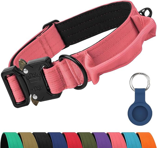 Joytale Tactical Dog Collar for Medium Dogs with Control Handle, Heavy Duty Military Training Collar for Power Breeds, AirTag Holder Case, Quick Release Metal Buckle, Soft Padded, M, Pink