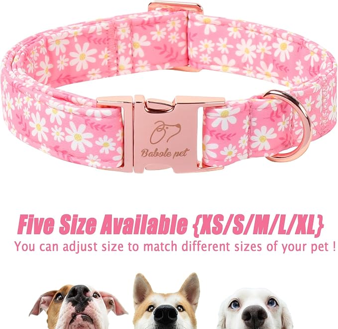 Dainty Daisy Dog Collar, Spring/Summer Pink Floral Girl Dog Collars, Adjustable Heavy Duty Cottagecore Female Dogs Collar for Small Medium Large Dogs with Metal Buckle XS